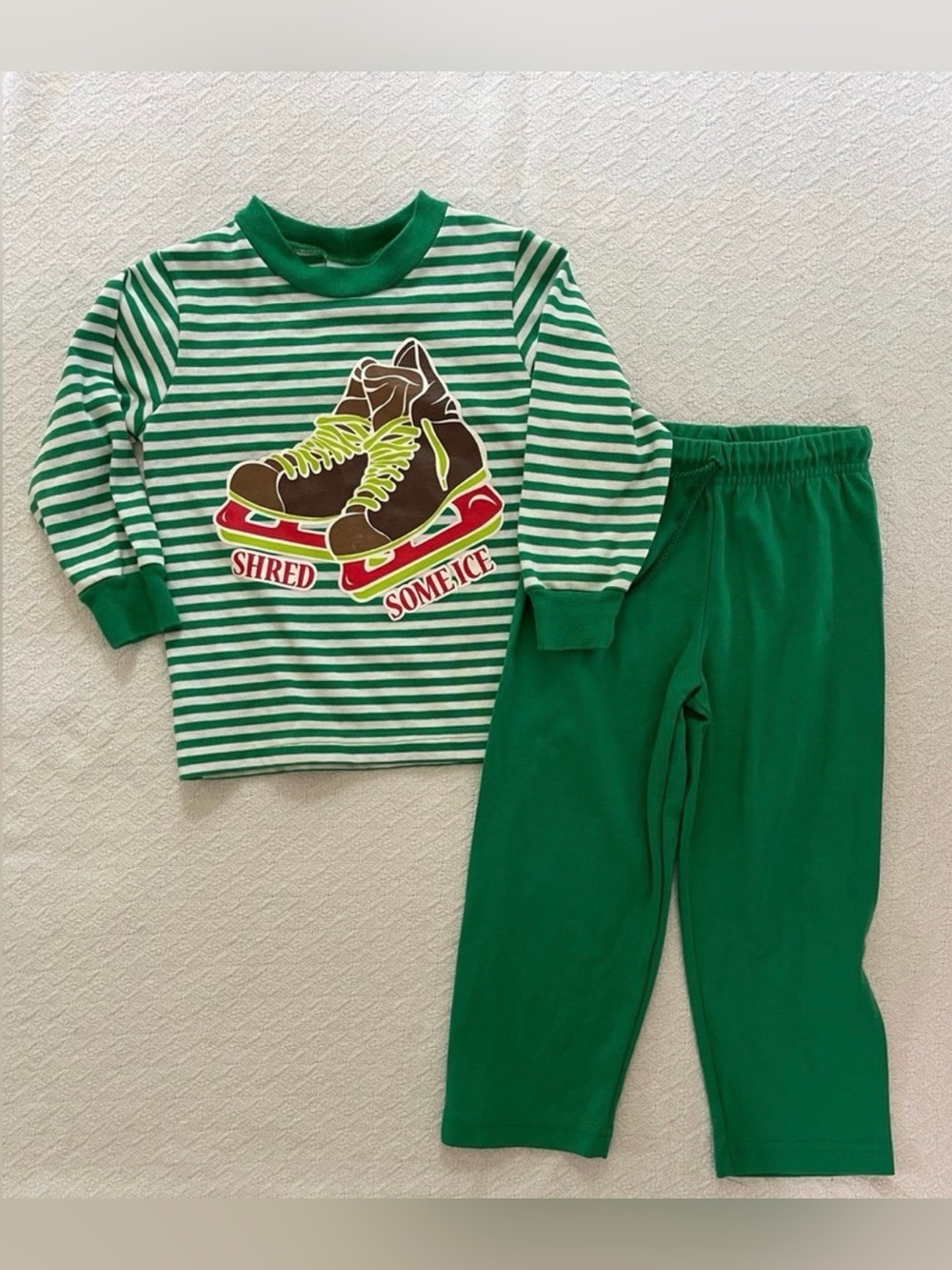 Chez Ami Patsy Aiken Matching Green and Stripes Set with Ice Hockey Graphic